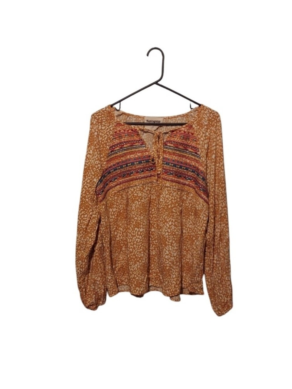 Savanna Jane Top Boho Peasant Embroidered Leopard Print Bell Sleeve L Cottage
